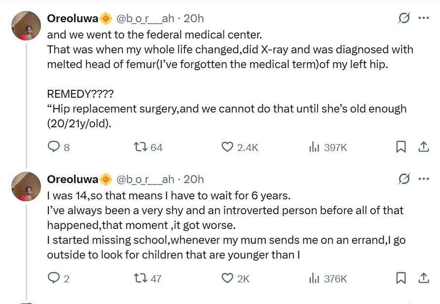 Whats worse than heartbreak?  Lady shares painful journey of living with hip condition