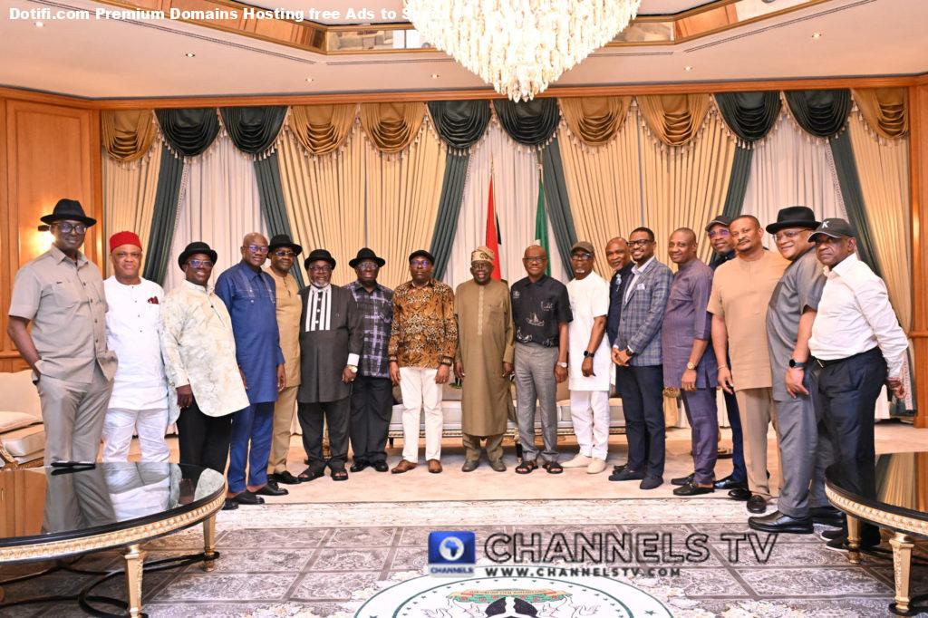 President Tinubu (centre), flanked by Governor Fubara (left) and FCT Minister Wike pose with Rivers Assembly lawmakers at the Presidential Villa in Abuja on June 26, 2025.