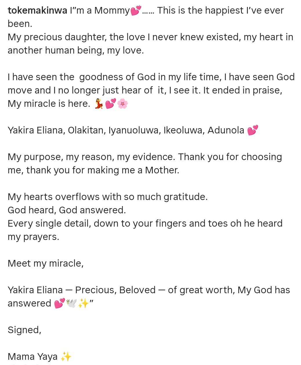 Toke Makinwa welcomes her miracle baby introduces daughter to the world