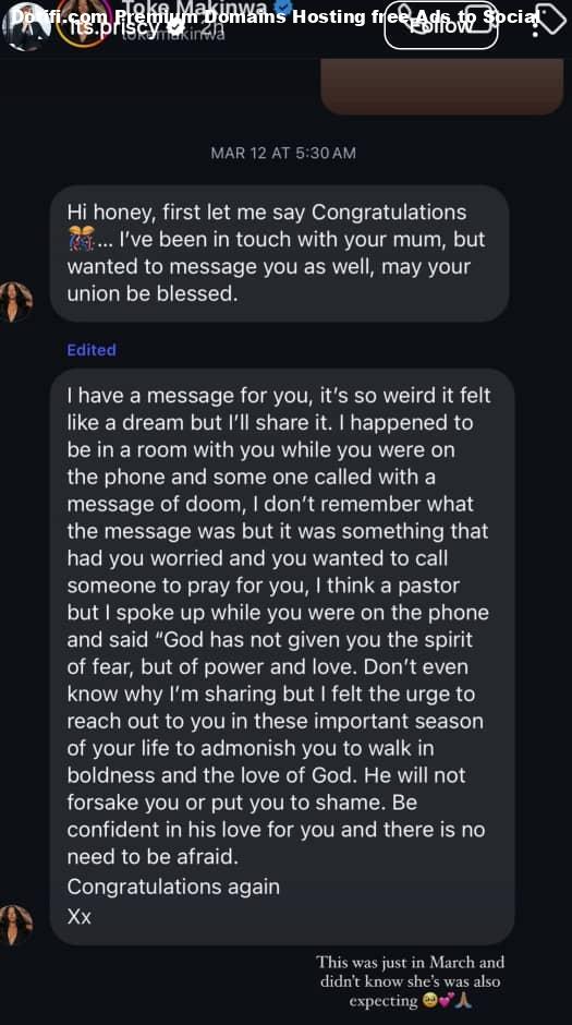 Priscilla Ojo celebrates Toke Makinwa shares throwback chat that turned out prophetic