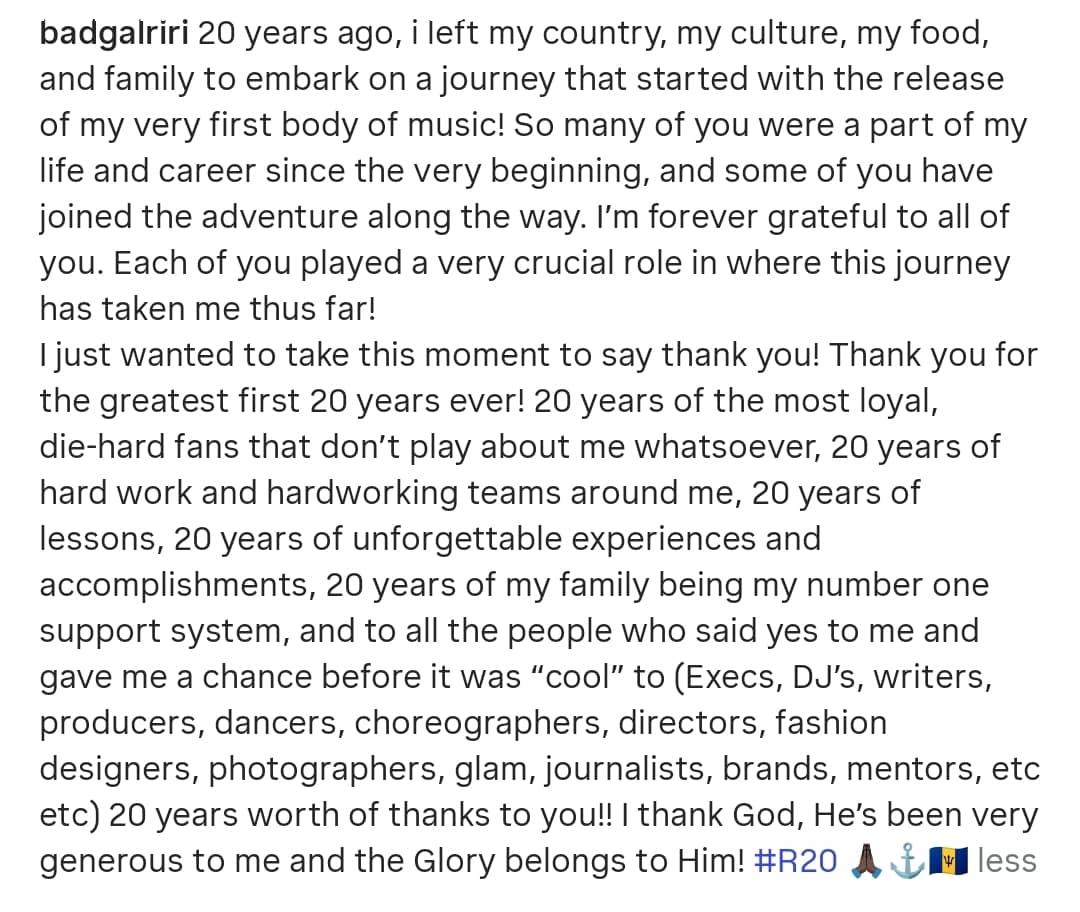 Rihanna pens heartfelt note as she celebrates 20 years in music