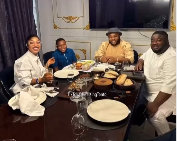 Heartwarming video showing moment Tonto Dikehs son, King Andre and his father, Olakunle, reunite