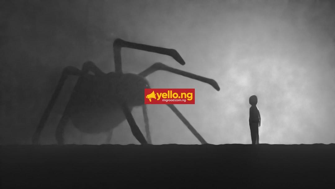 Silhouette of a small child figure facing a towering giant monster creature in a dark cinematic scene